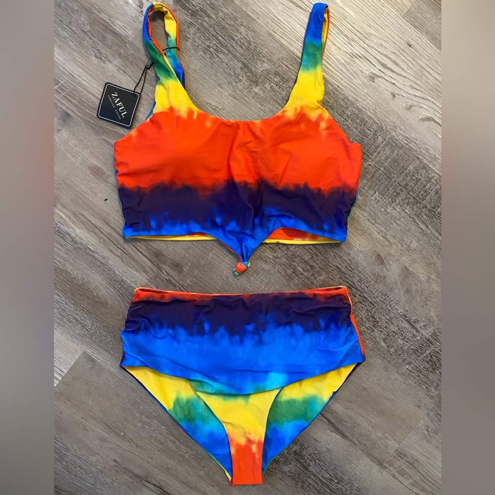 High Waisted 2 Piece Ruched Tankini Swimsuit Tie Dye Rainbow Women's Size L 8-10